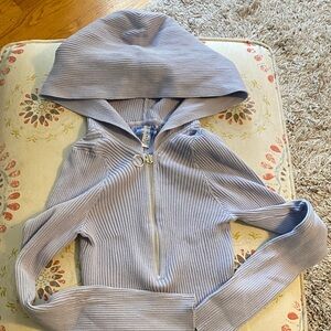 Women's Ribbed Zip-Up Hoodie - Light Blue Cropped